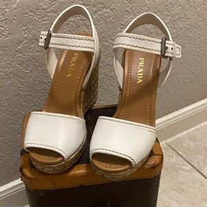Prada White Leather Espadrille Wedge Sandals Size 39 Authentic